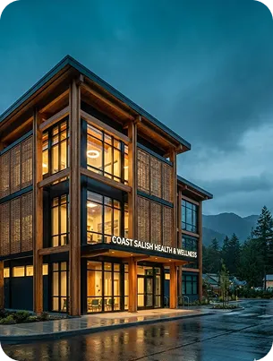 A three-storey timber-framed health centre at dusk, its windows lit, with mountains rising behind it